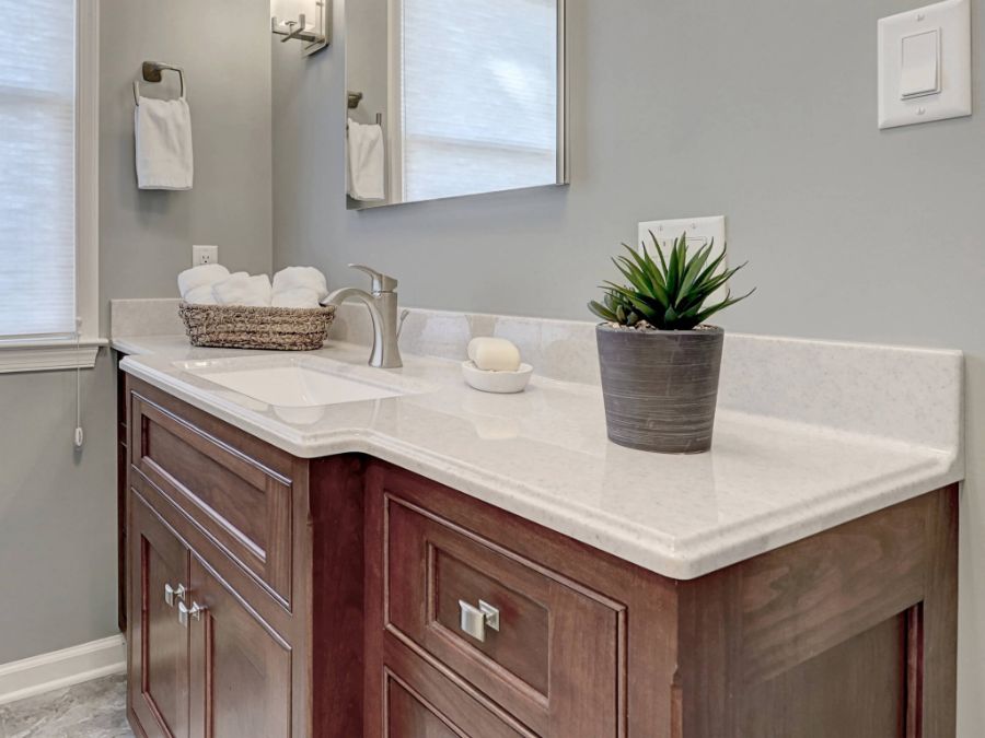 Bathroom vanity with solid surface countertop in a modern Arizona home